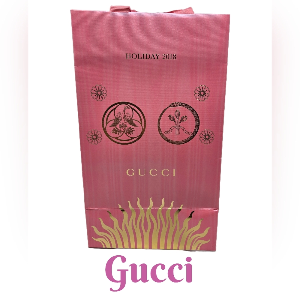 Gucci Pink Gift Bag With Gold Lettering Ribbon Handle & Tie At Top 2018 Holiday